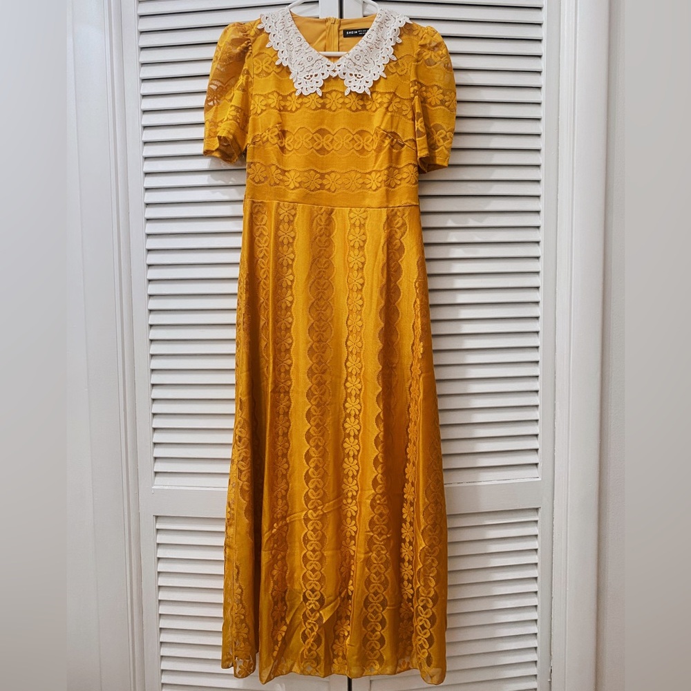 Contrast Doll Collar Belted A-line Dress | fir to S-M | YELLOW